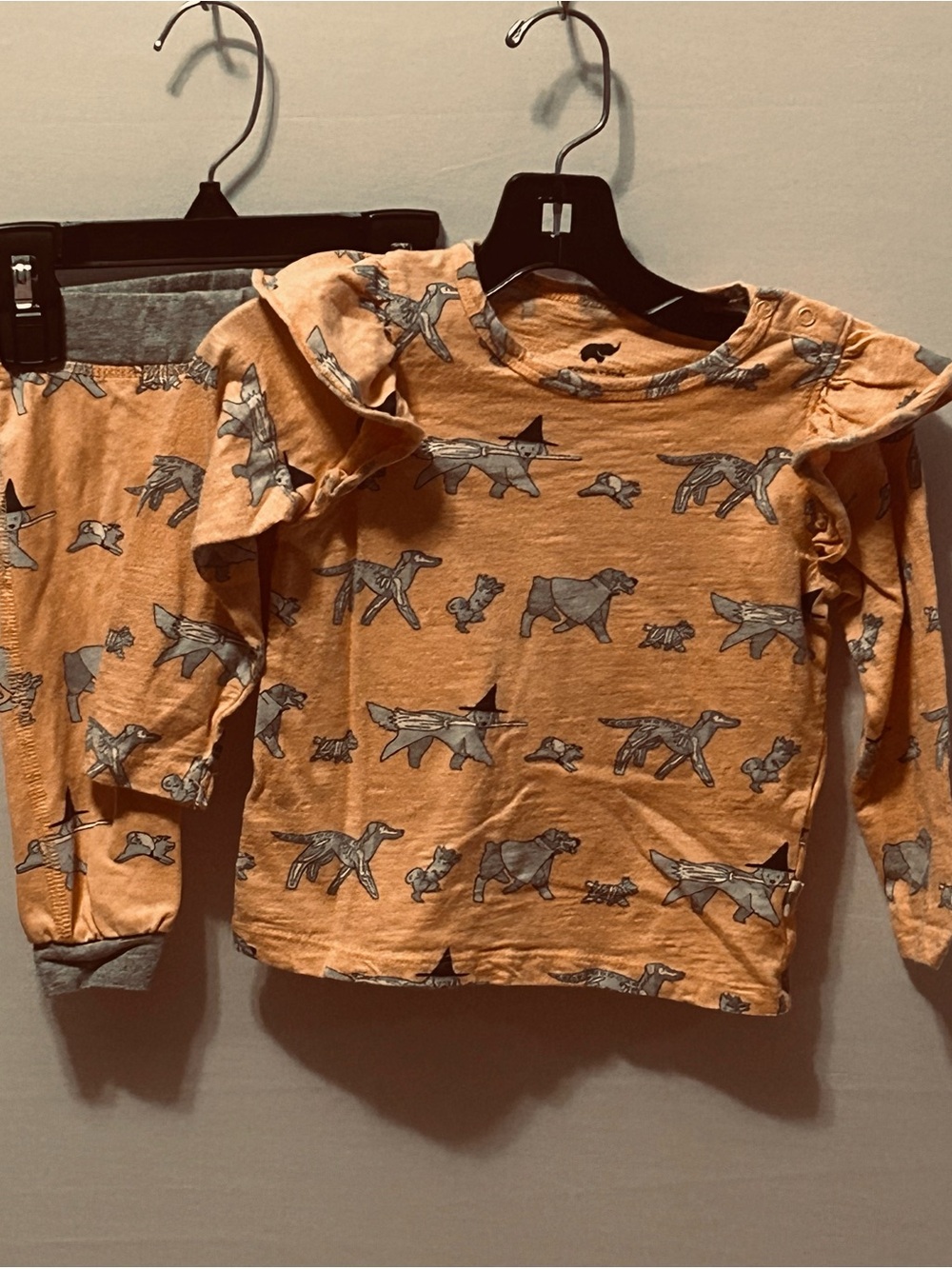 Girls' Long-Sleeve Ruffle Top in Orange Mellon with Dog Print